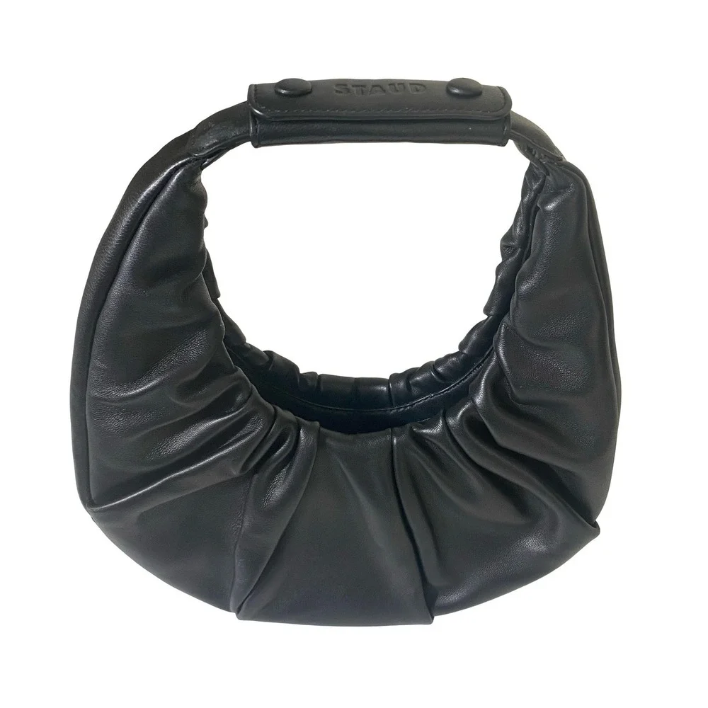 Staud Soft Moon Bag Black Leather Ruched Crescent Hobo Handbag Small